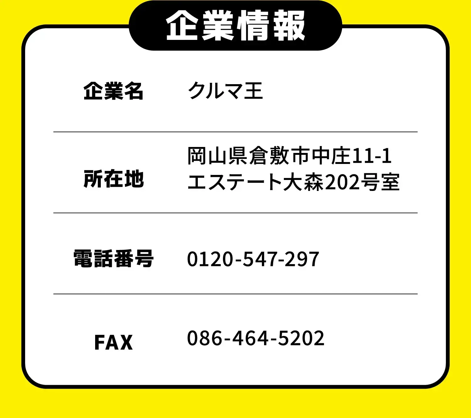 企業情報 企業名 クルマ王 所在地 岡山県倉敷市中庄11-1エステート大森202号室 電話番号 0120-547-297 FAX 086-464-5202