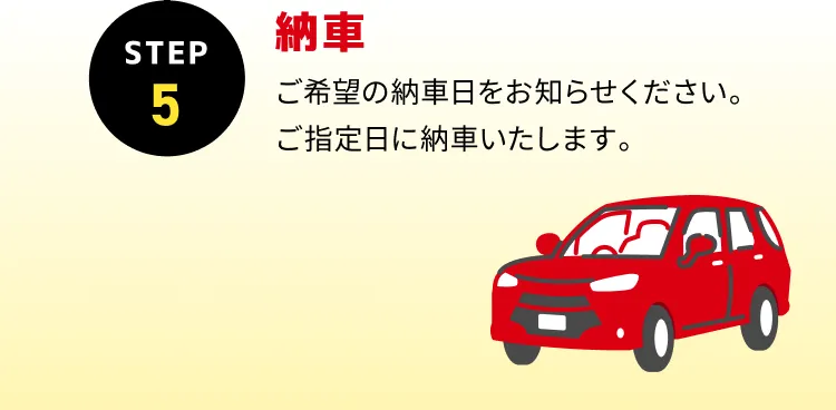 STEP5 納車 ご希望の納車日をお知らせください。ご指定日に納車いたします。